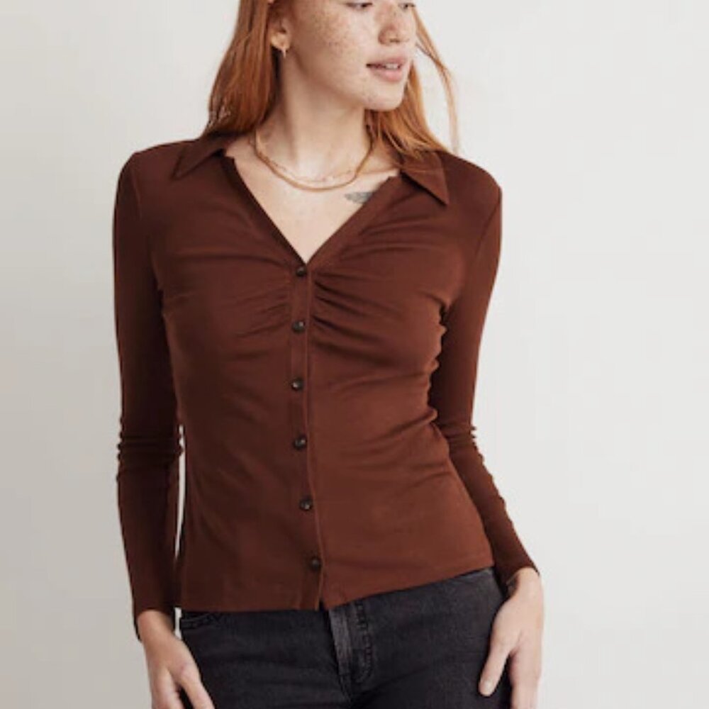 Madewell Brown Rib Ruched Polo Button Up‎ Top